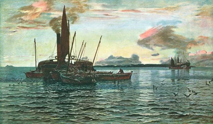 El mercado de arenques en el mar en Loch Fyne, Argyll, 1884