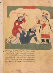 El esposo golpea al amante de su esposa, Folio de Kalila wa Dimna, siglo XVIII