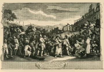 El aprendiz ocioso ejecutado en Tyburn. Después del grabado de Hogarth, 1747, c1876