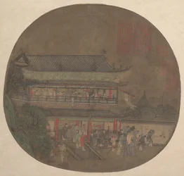 El inmortal Lü Dongbin apareciendo sobre el Pabellón Yueyang, finales del siglo XIII-principios del siglo XIV