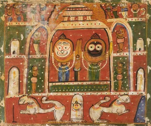 El trío Jagannatha en el santuario de Puri