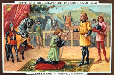 Los caballeros - Investidura de un caballero, Edad Media. Siglo XIX. Litografía en color. Colección privada