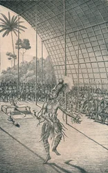 El rey Mangbattu Munsa baila ante sus esposas y guerreros, c1870, 1903