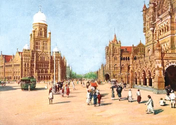 Las oficinas municipales y la terminal Victoria, Bombay, India, principios del siglo XX