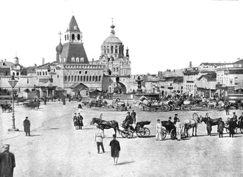 La Fuente Nikolayevsky en la Plaza Lubyanka, Moscú, Rusia, 1895