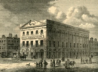 El viejo teatro Coburg en 1820, c. 1878