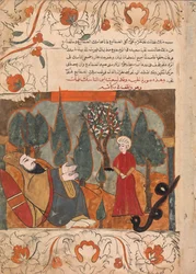 El Viejo Serpiente Cuenta la Historia de Morder al Hijo del Asceta por Error, Folio de un Kalila..., siglo XVIII