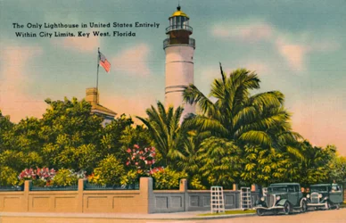 El único faro en Estados Unidos completamente dentro de los límites de la ciudad, Key West, Florida, c. 1940s