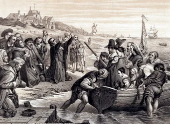 Los Padres Peregrinos dejando Delft Haven en su viaje a América, julio de 1620, 1878