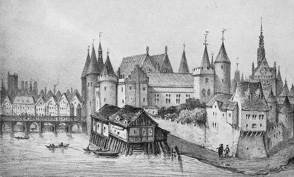 El Pont aux Meuniers y parte del Palais du Roi de la Cité en 1556, 1915
