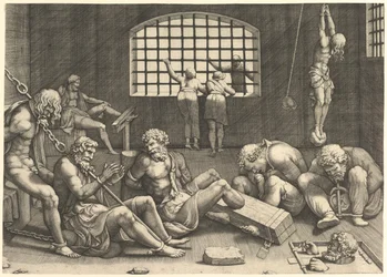 La prisión, un grupo de hombres en una mazmorra atados con cadenas y grilletes, a la derecha una figura... s.f.