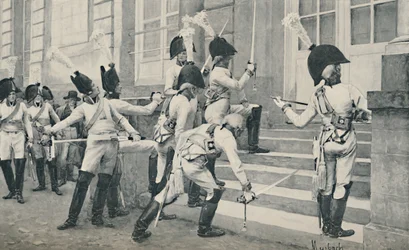 La Guardia Noble Prusiana afila sus espadas en los escalones de la Embajada Francesa en Berlín, 1896