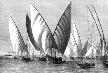 El río en el Puente Boulak, El Cairo, con dahabeahs pasando, 1874