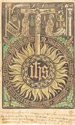 El monograma sagrado con la crucifixión y los símbolos de la pasión [recto], en o después de 1470