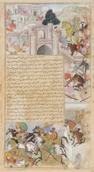 El asedio de Bagdad por Tahir, del Tarikh-i-Alfi, ca. 1592-94