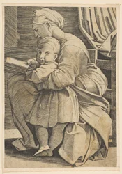 La Virgen leyendo con el niño Jesús, mujer sentada de perfil mirando a la izquierda, ca. 1515-1600