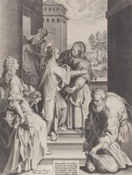 La Visitación, la Virgen y Santa Isabel abrazándose en el centro, flanqueadas por otros, 1589
