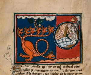 La Mujer y el Dragón. Miniatura de: Apocalipsis de San Juan, ca 1320