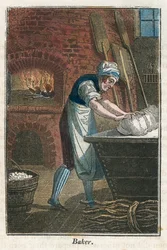 El panadero amasando masa en la tapa de un contenedor de harina, 1823