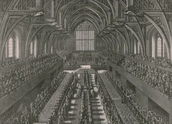 El banquete en el Gran Salón del Palacio de Westminster...coronación de Jacobo II en 1685, 1902