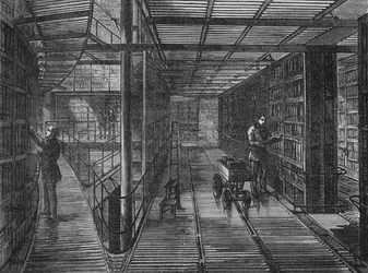 Las estanterías en el Museo Británico, Bloomsbury, Londres, c. 1875