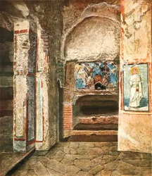 La capilla funeraria de SS. Félix y Adaucto en las catacumbas de Commodilla, Roma, Italia, 1928