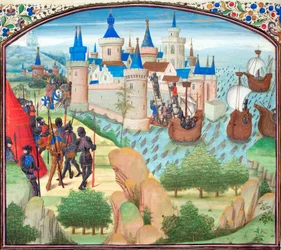 La captura de Constantinopla por tierra y mar en 1204. Miniatura de la Historia de Guillermo de Tiro, 1460s