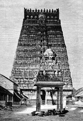 El gopura principal del templo en Kumbakonam, India, 1895