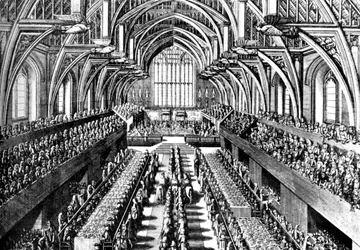 La ceremonia de coronación de Jacobo II en Westminster Hall, Londres, 1685 c. 1905