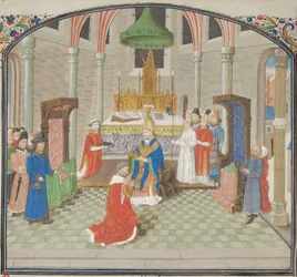 La coronación de Balduino I el día de Navidad de 1100. Miniatura de la Historia de Guillermo de Tiro, década de 1460