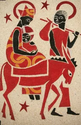 La huida a Egipto, fresco de la iglesia de la abadía de Keur Moussa, diseñado y pintado en 1963 por Dom Georges Saget, Keur Moussa, Senegal