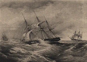 La fragata Kreiser y el balandro Ladoga en la costa de América