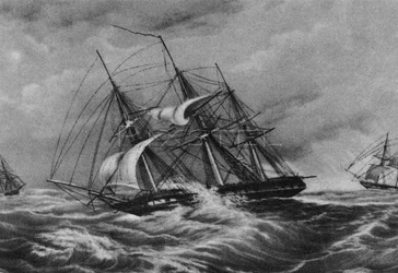 La fragata Kreiser y el balandro Ladoga en la costa de América
