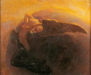 El sol dorado despierta a la luna representada como una mujer alada