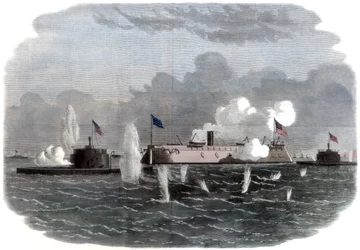 La fragata acorazada, New Ironsides, y dos baterías Ericsson entrando en acción en Charleston
