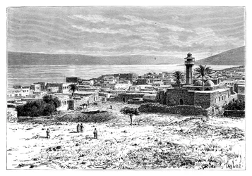 El lago y la ciudad de Tiberíades, Israel, 1895