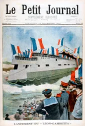 El lanzamiento del crucero blindado Leon Gambetta, Francia, 1901