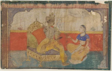 El amante Krsna en conversación con el mensajero de la amada, de un Rasikapriya, ca. 1617