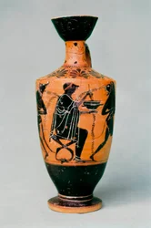 La maga Circe representada en un jarrón de cerámica con figuras negras. Antigua Grecia, siglos V-IV a.C.