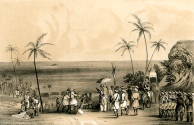 Los comerciantes de Calicut capturados y encadenados a una roca estéril por orden de Tippoo Saib, 1847