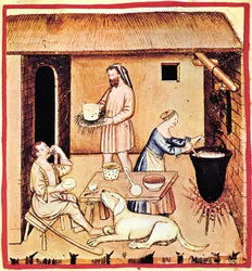 La producción de queso. Una miniatura de Tacuinum Sanitatis, Segunda Mitad del siglo XIV