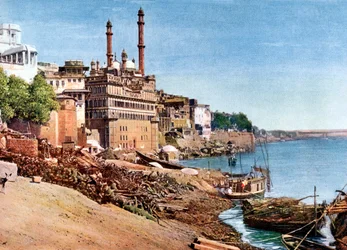 El río Ganges y los Ghats de cremación en Benarés Varanasi, India, principios del siglo XX