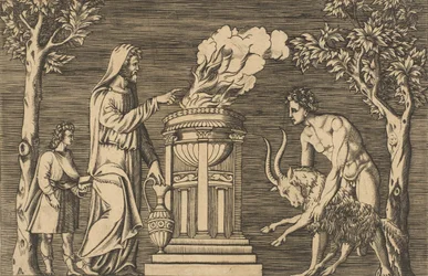 El sacrificio de un carnero sostenido por un hombre desnudo a la derecha, sacerdote encapuchado a la izquierda con un..., ca. 1515-1600