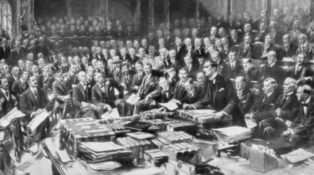 La escena en la Cámara de los Comunes, Westminster, Londres, 3 de agosto de 1914