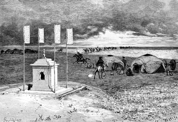 La tumba de un lama y un campamento, desierto de Mongolia, c. 1890