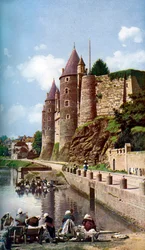 Las mujeres de Josselin haciendo su lavandería, Bretaña, Francia, c1924