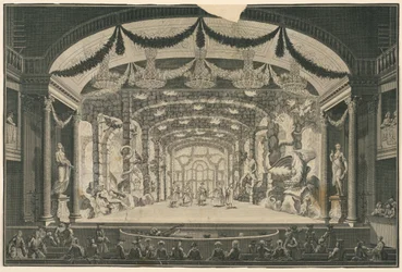 Interior de teatro con actuación en curso