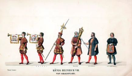 Diseño de vestuario teatral para la obra de Shakespeare, Enrique VIII, siglo XIX