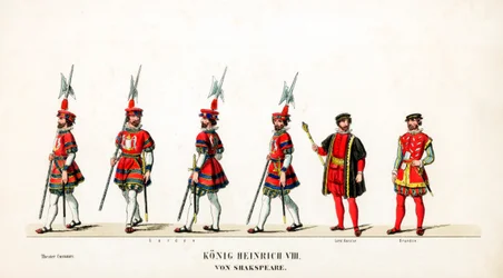 Diseños de vestuario teatral para la obra de Shakespeare, Enrique VIII, siglo XIX
