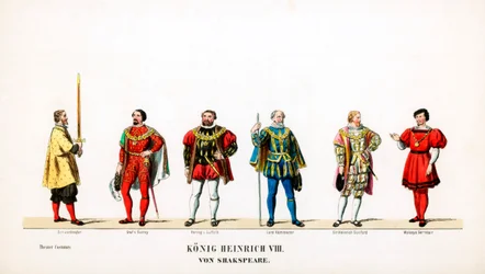 Diseños de vestuario teatral para la obra de Shakespeare, Enrique VIII, siglo XIX